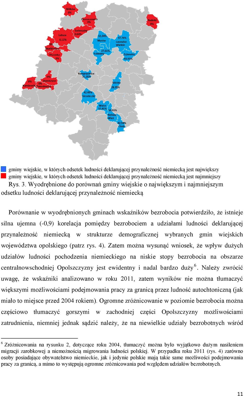 istnieje silna ujemna (-0,9) korelacja pomiędzy bezrobociem a udziałami ludności deklarującej przynależność niemiecką w strukturze demograficznej wybranych gmin wiejskich województwa opolskiego