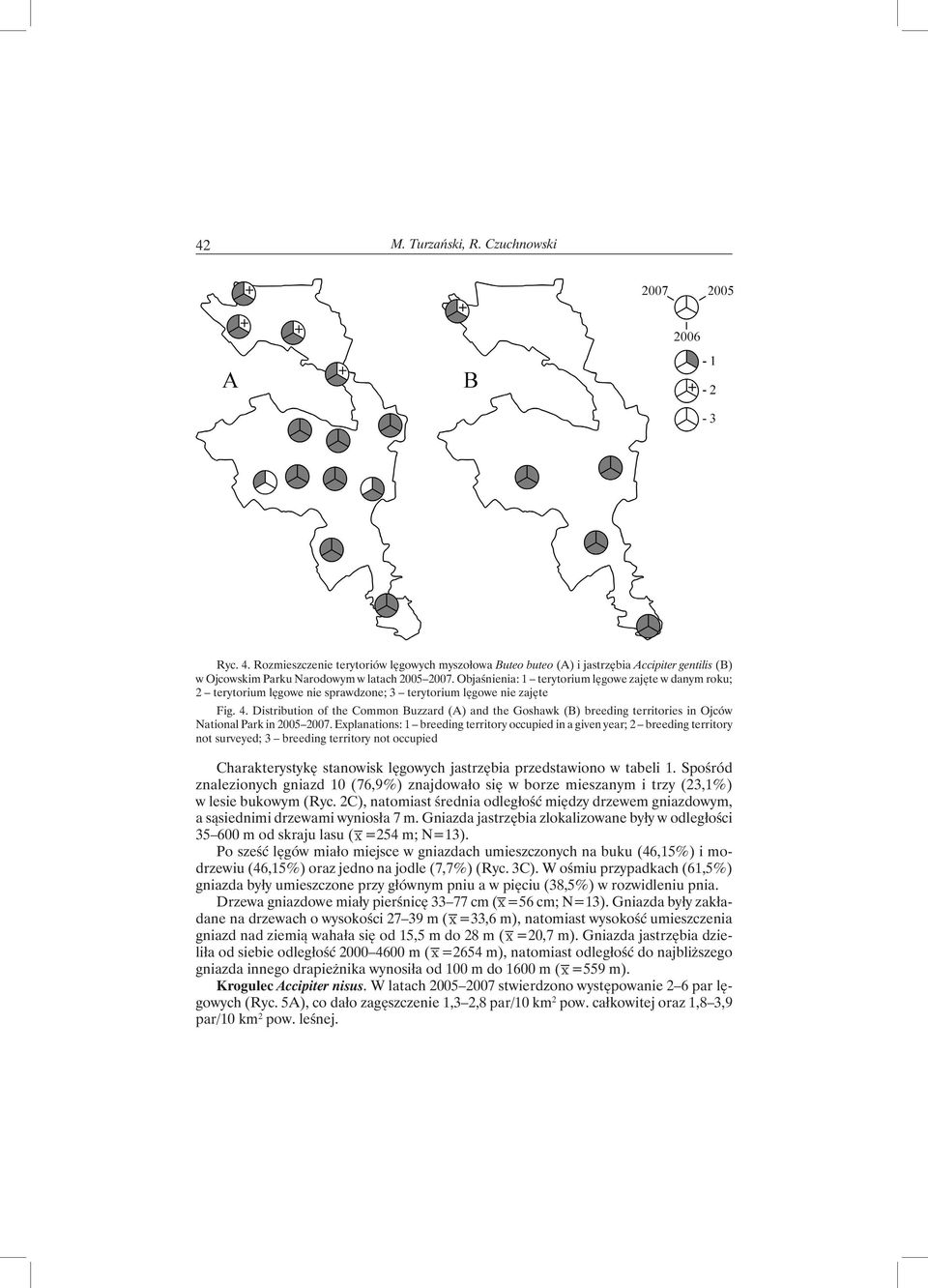 Distribution of the Common Buzzard (A) and the Goshawk (B) breeding territories in Ojców National Park in 2005 2007.