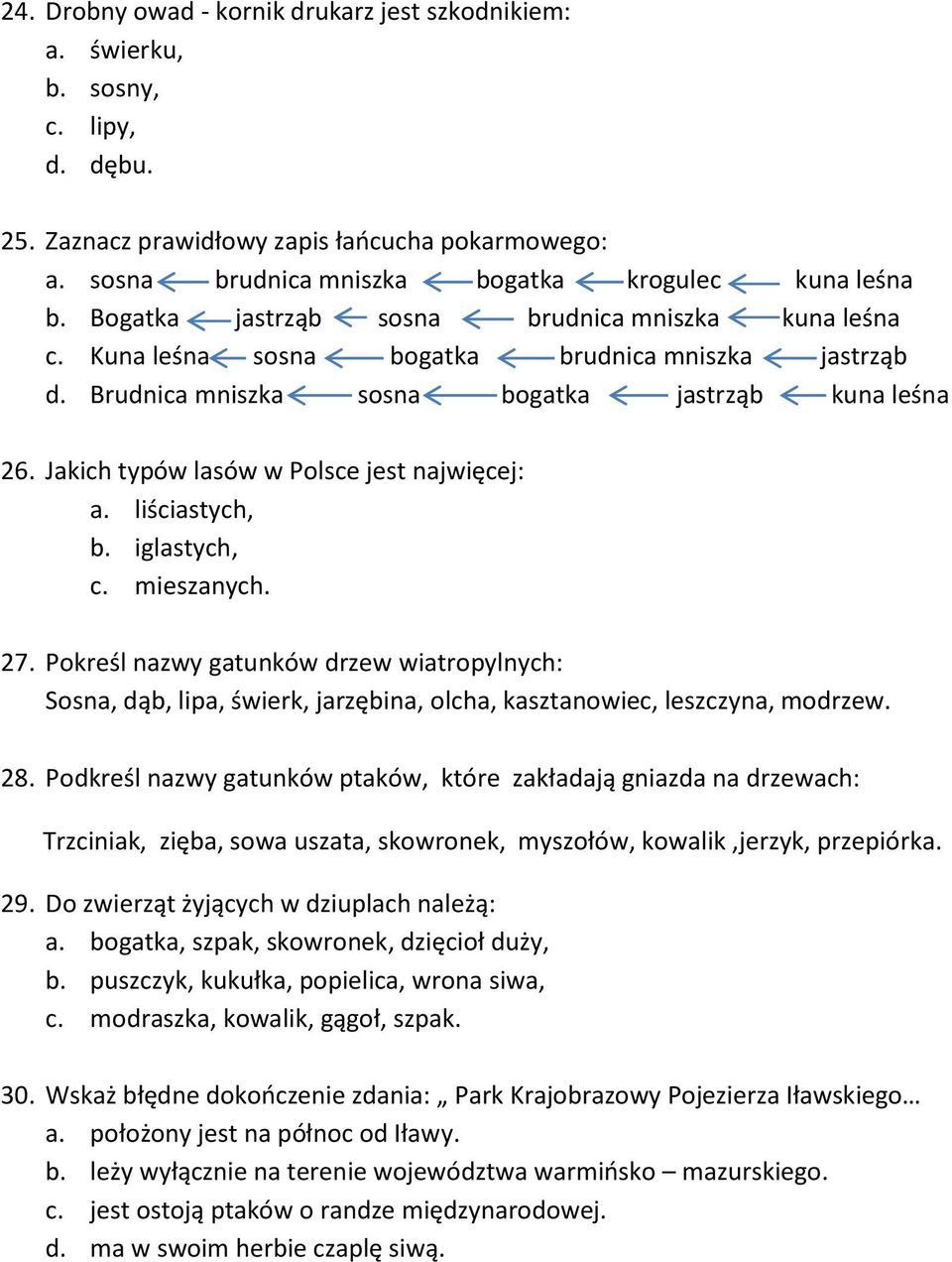 Jakich typów lasów w Polsce jest najwięcej: a. liściastych, b. iglastych, c. mieszanych. 27.