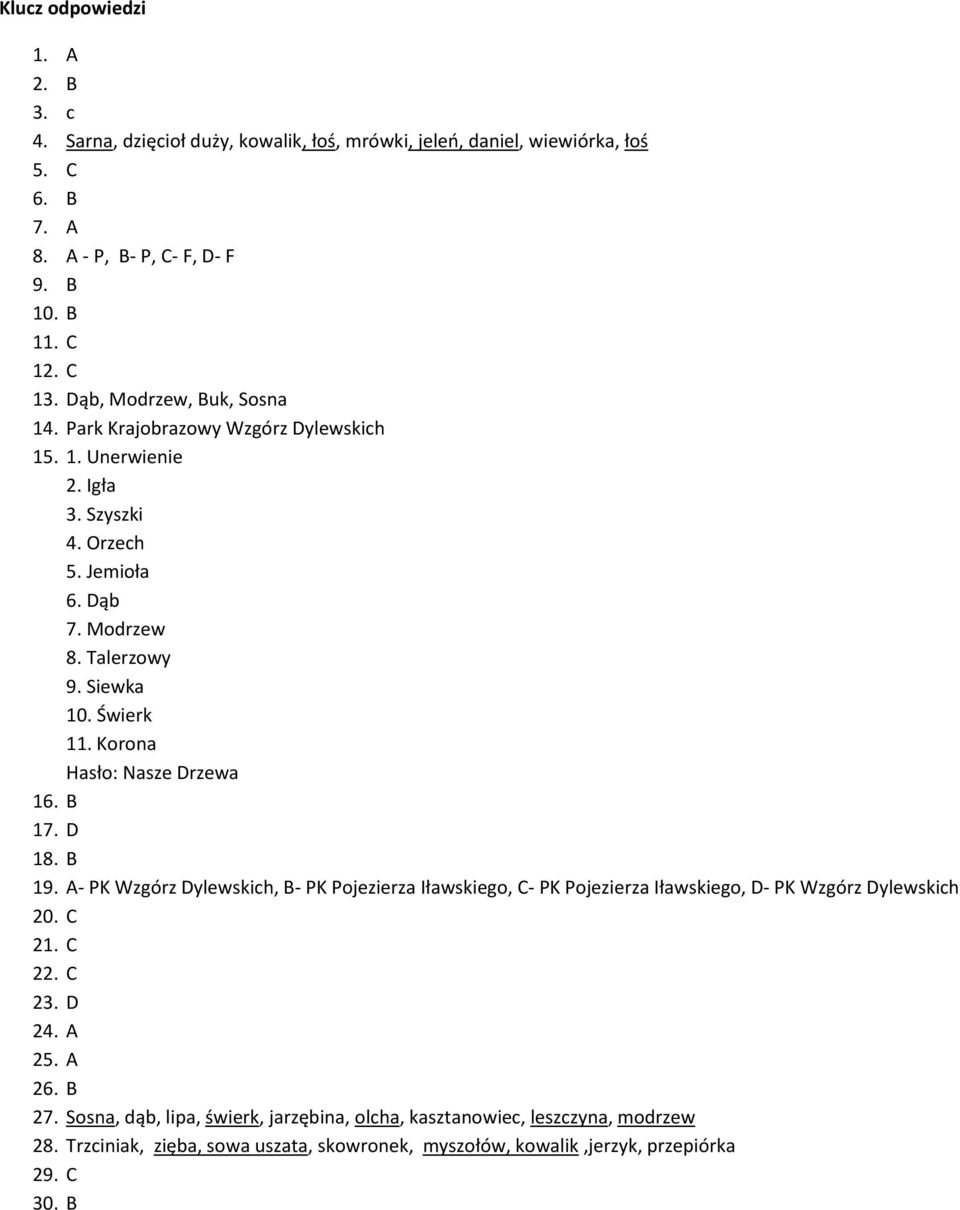 Korona Hasło: Nasze Drzewa 16. B 17. D 18. B 19. A- PK Wzgórz Dylewskich, B- PK Pojezierza Iławskiego, C- PK Pojezierza Iławskiego, D- PK Wzgórz Dylewskich 20. C 21. C 22. C 23. D 24.