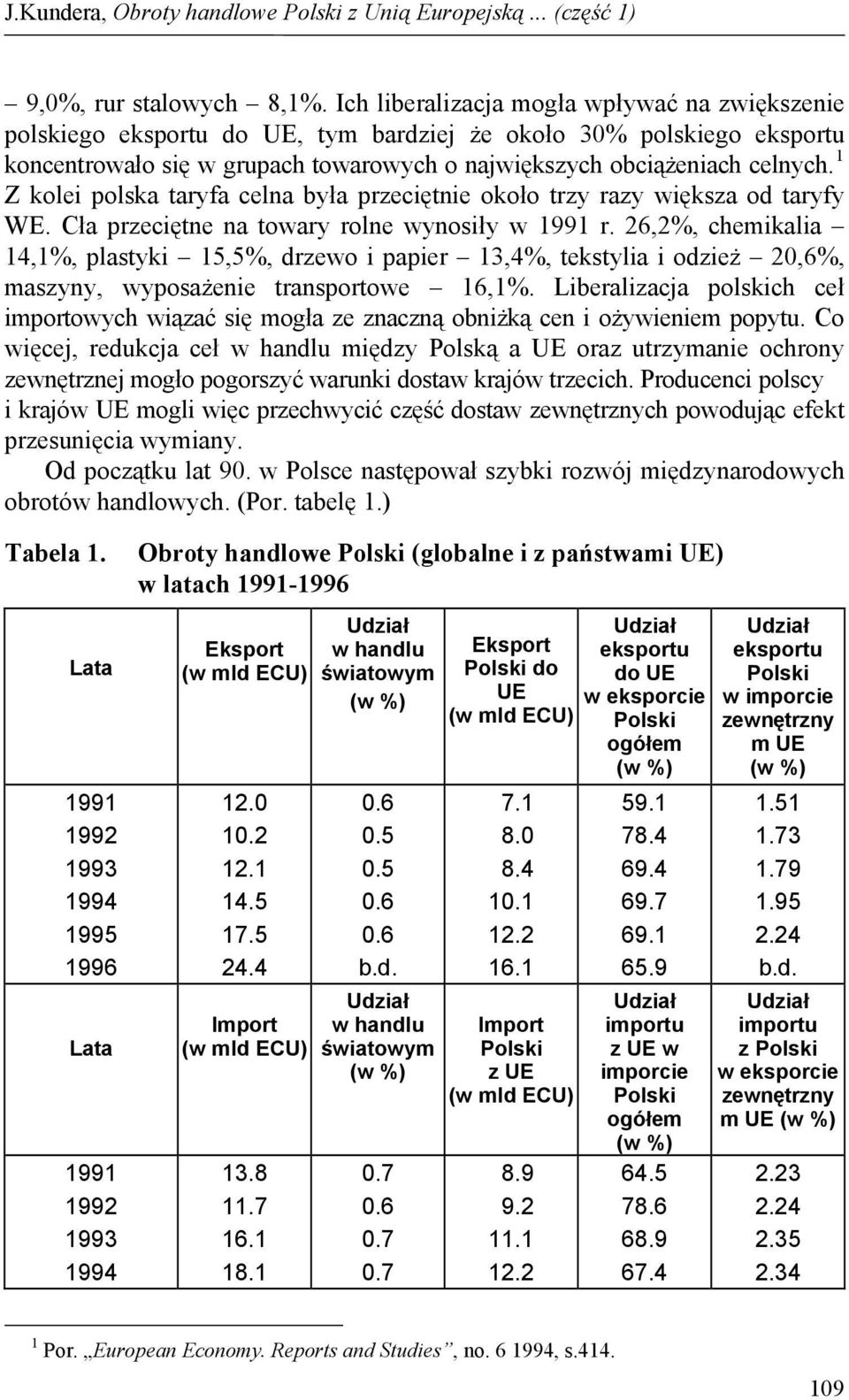 1 Z kolei polska taryfa celna była przeciętnie około trzy razy większa od taryfy WE. Cła przeciętne na towary rolne wynosiły w 1991 r.