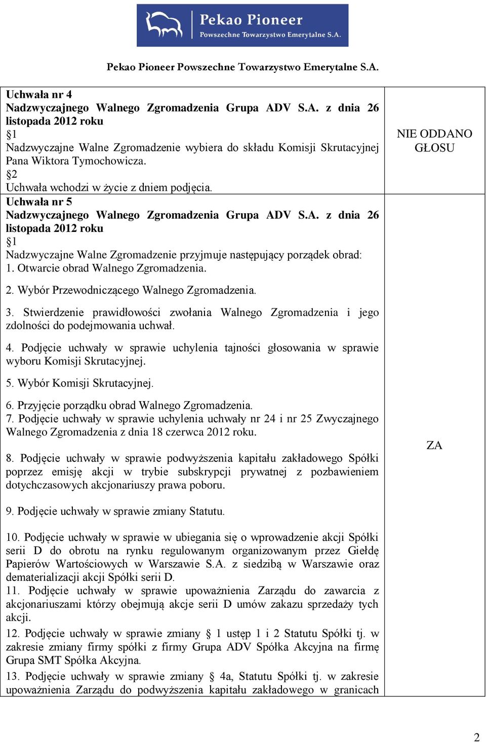 Otwarcie obrad Walnego Zgromadzenia. 2. Wybór Przewodniczącego Walnego Zgromadzenia. NIE ODDANO GŁOSU 3.