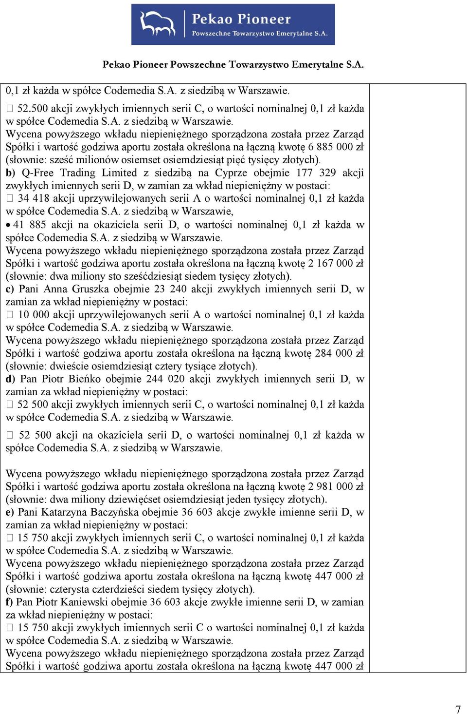 b) Q-Free Trading Limited z siedzibą na Cyprze obejmie 177 329 akcji zwykłych imiennych serii D, w w spółce Codemedia S.A.