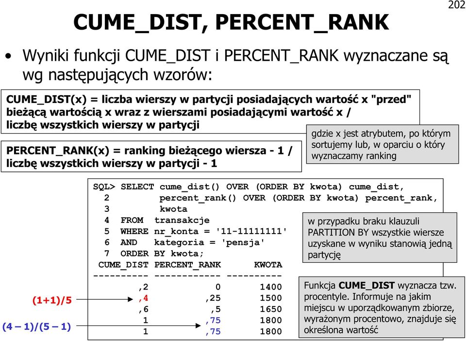 którym sortujemy lub, w oparciu o który wyznaczamy ranking (1+1)/5 (4 1)/(5 1) SQL> SELECT cume_dist() OVER (ORDER BY kwota) cume_dist, 2 percent_rank() OVER (ORDER BY kwota) percent_rank, 3 kwota 4