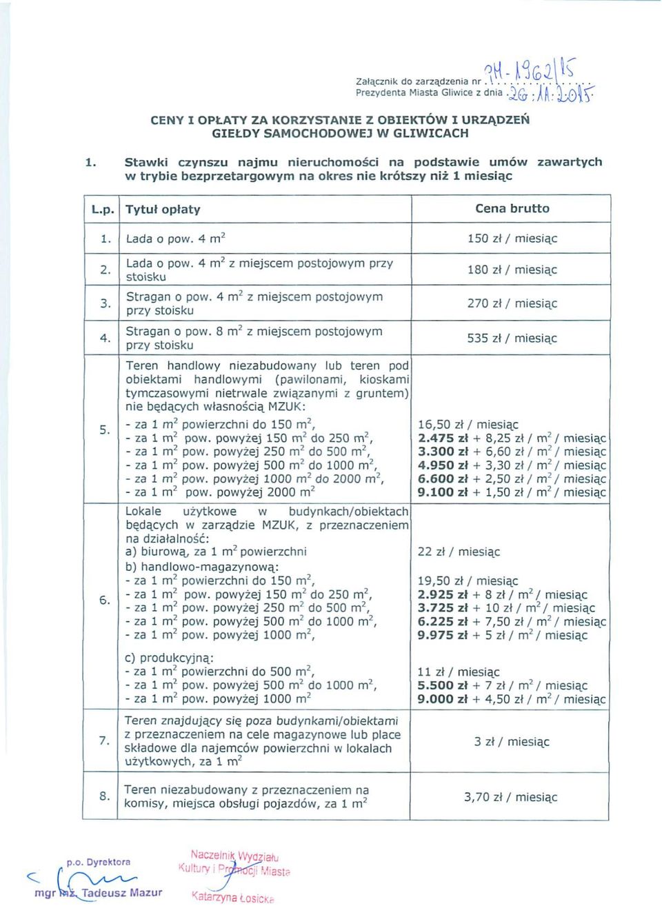 miesiąc L.p. Tytuł opłaty Cena brutto 1 Lada o pow. 4 mz 2 3 4 5 6 Lada o pow. 4 mz z miejscem postojowym przy stoisku Stragan 0 pow. 4 mz z miejscem postojowym przy stoisku Stragan o pow.