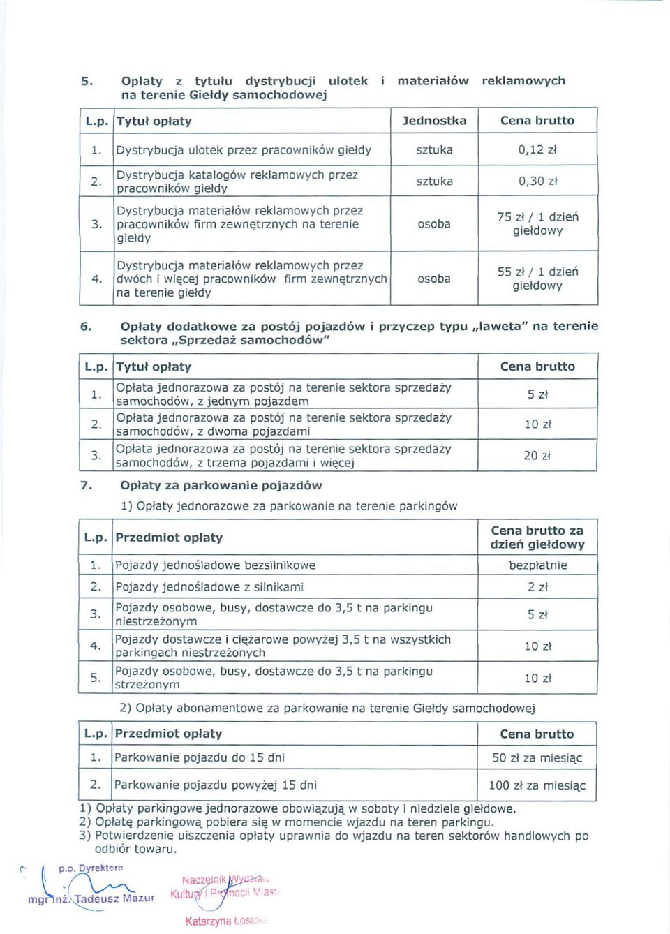 pracowników firm zewnętrznych na terenie giełdy osoba 0,30 zł 75 zł/ 1 dzień giełdowy Dystrybucja materiałów rekamowych przez.n 55 zł Í 1 dzień 4.