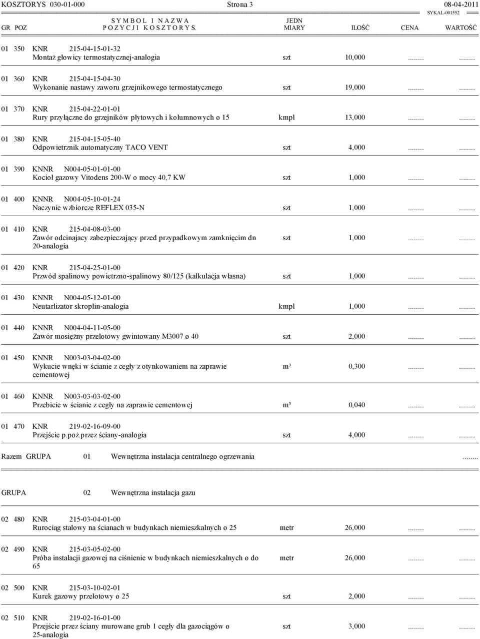 370 KNR 215-04-22-01-01 Rury przyłączne do grzejników płytowych i kolumnowych ø 15 kmpl 13,000 01 380 KNR 215-04-15-05-40 Odpowietrznik automatyczny TACO VENT szt 4,000 01 390 KNNR N004-05-01-01-00