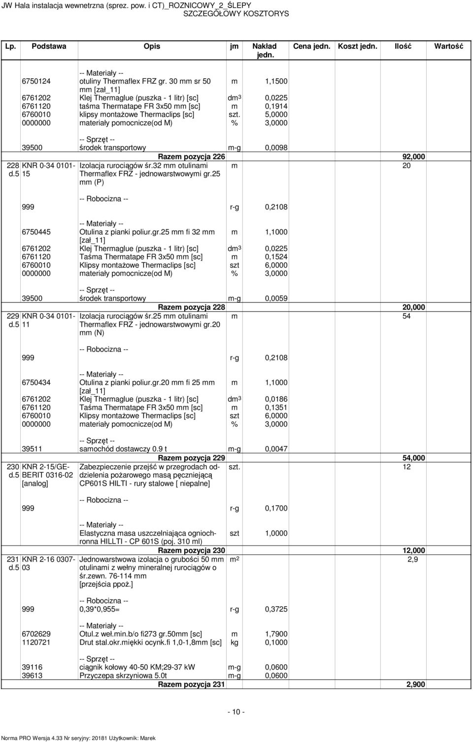5,0000 0000000 materiały pomocnicze(od M) % 3,0000 39500 środek transportowy m-g 0,0098 228 KNR 0-34 0101- d.5 15 Izolacja rurociągów śr.32 mm otulinami Thermaflex FRZ - jednowarstwowymi gr.