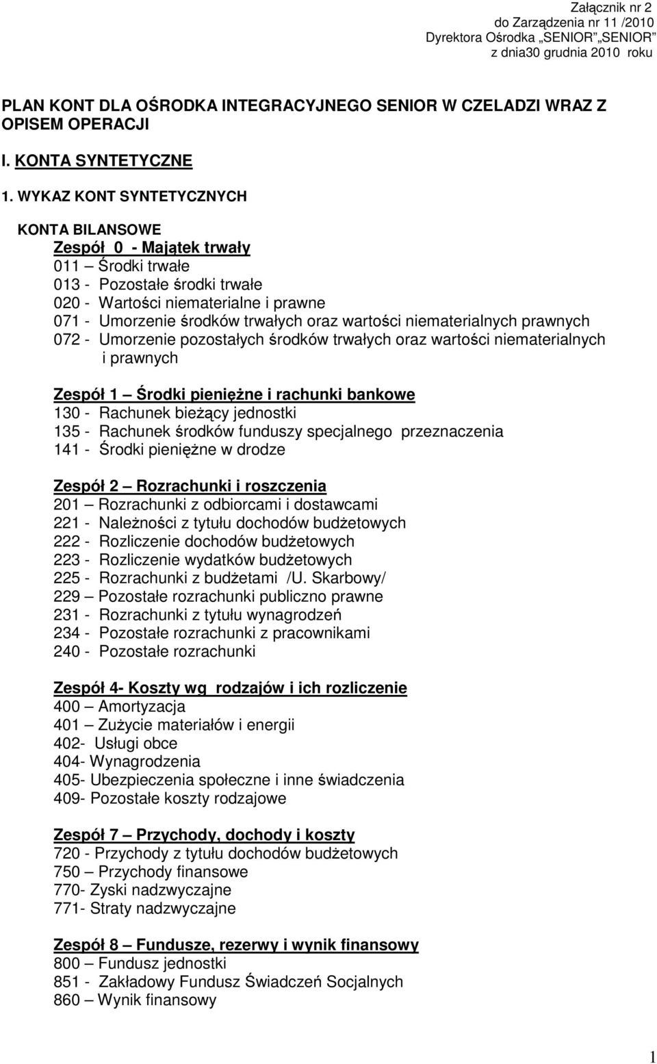 WYKAZ KONT SYNTETYCZNYCH KONTA BILANSOWE Zespół 0 - Majątek trwały 011 Środki trwałe 013 - Pozostałe środki trwałe 020 - Wartości niematerialne i prawne 071 - Umorzenie środków trwałych oraz wartości