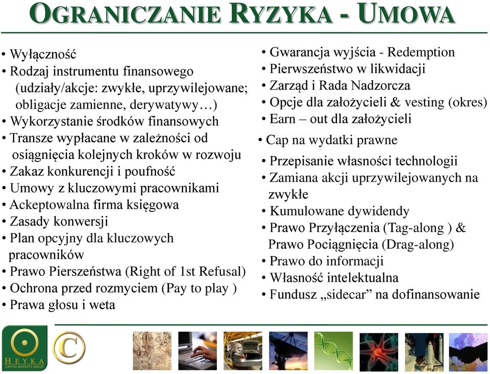 Prawo Pierszeństwa (Right of 1st Refusal) Ochrona przed rozmyciem (Pay to play ) Prawa głosu i weta Gwarancja wyjścia - Redemption Pierwszeństwo w likwidacji Zarząd i Rada Nadzorcza Opcje dla