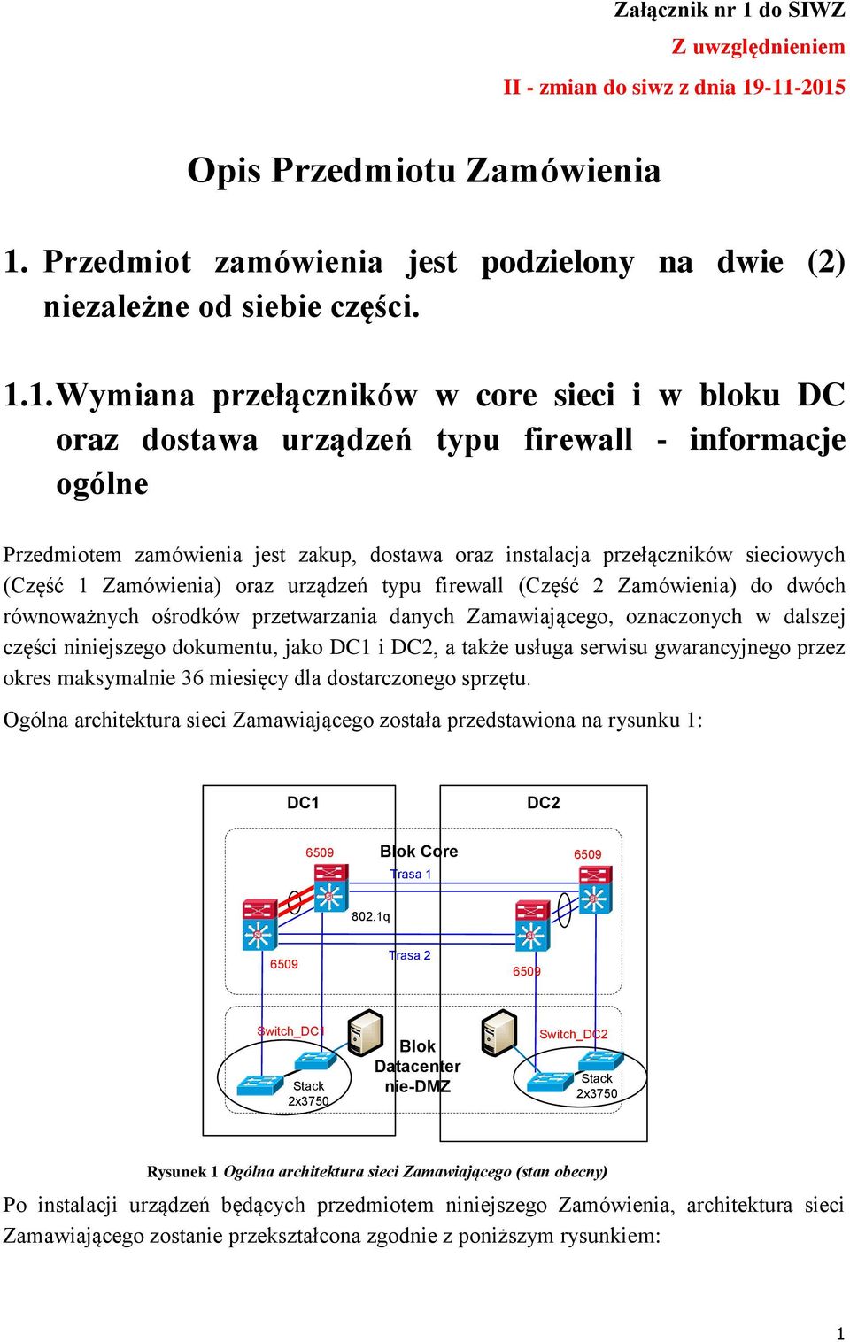 -11-2015 Opis Przedmiotu Zamówienia 1. Przedmiot zamówienia jest podzielony na dwie (2) niezależne od siebie części. 1.1. Wymiana przełączników w core sieci i w bloku DC oraz dostawa urządzeń typu