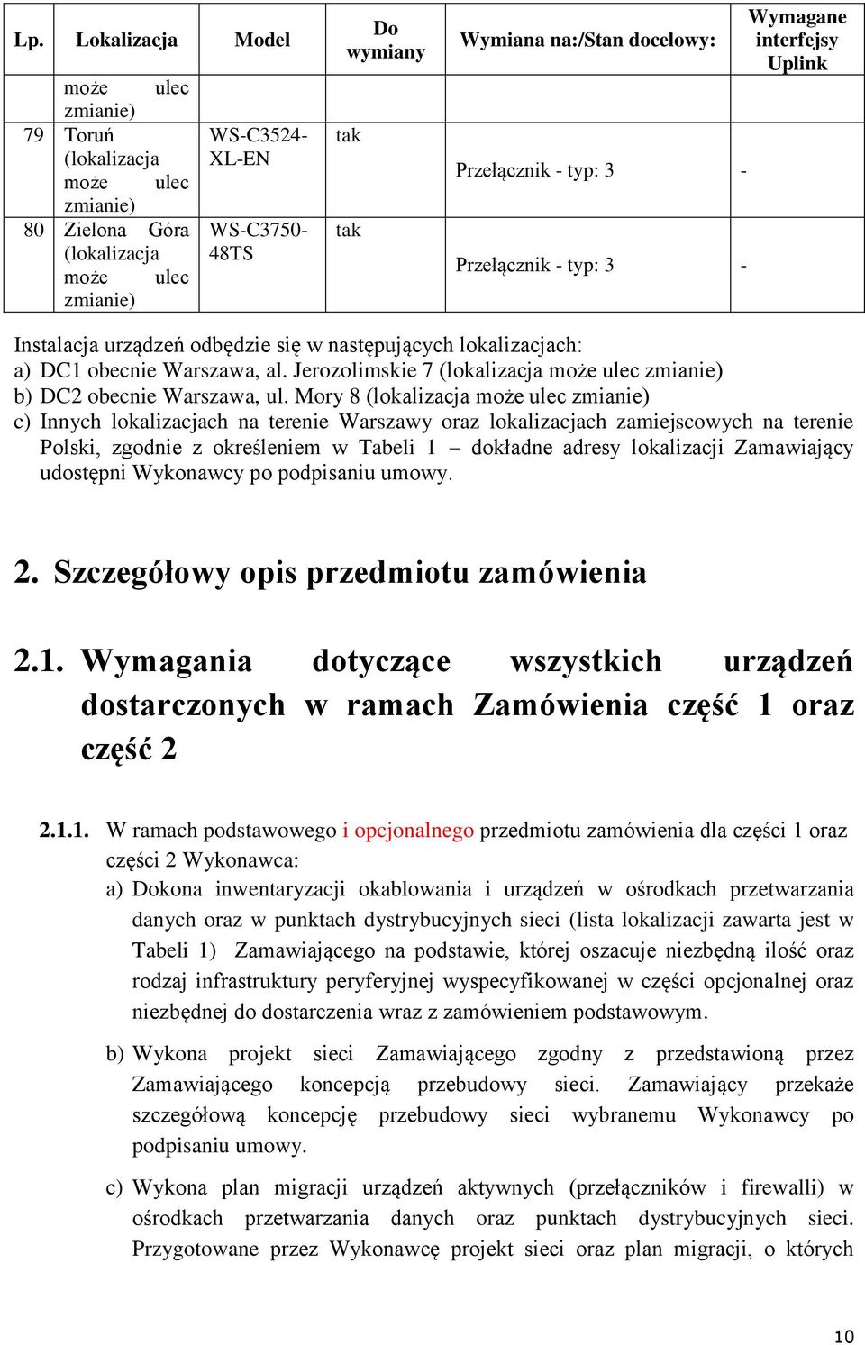 Mory 8 c) Innych lokalizacjach na terenie Warszawy oraz lokalizacjach zamiejscowych na terenie Polski, zgodnie z określeniem w Tabeli 1 dokładne adresy lokalizacji Zamawiający udostępni Wykonawcy po