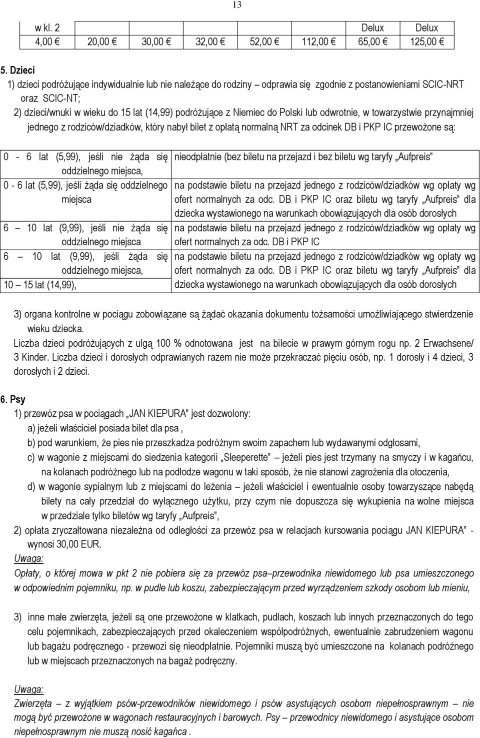 Polski lub odwrotnie, w towarzystwie przynajmniej jednego z rodziców/dziadków, który nabył bilet z opłatą normalną NRT za odcinek DB i PKP IC przewożone są: 0-6 lat (5,99), jeśli nie żąda się