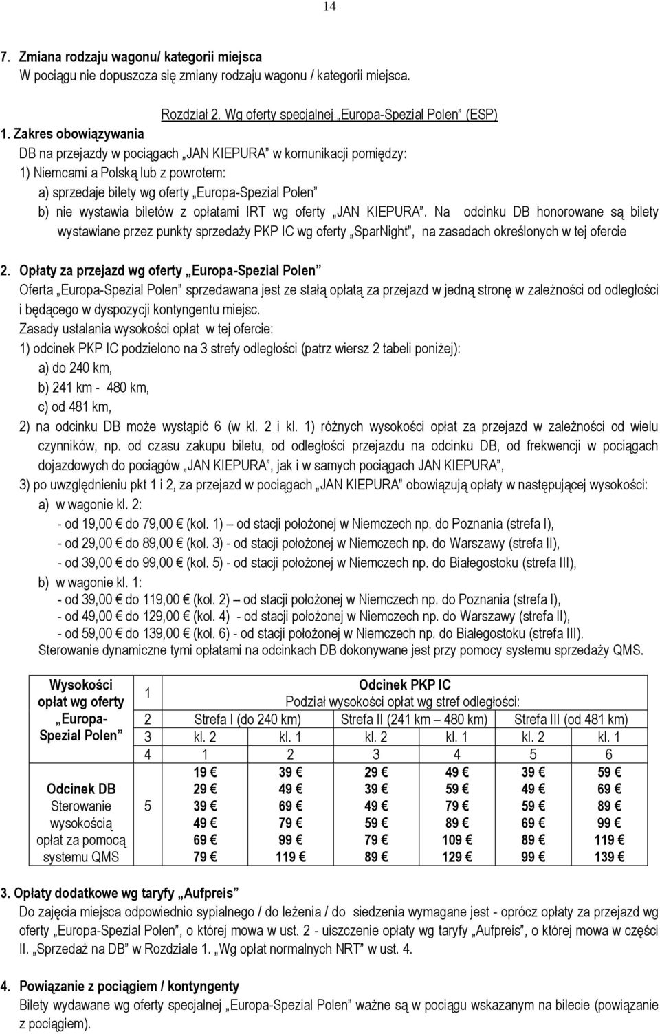 opłatami IRT wg oferty JAN KIEPURA. Na odcinku DB honorowane są bilety wystawiane przez punkty sprzedaży PKP IC wg oferty SparNight, na zasadach określonych w tej ofercie 2.