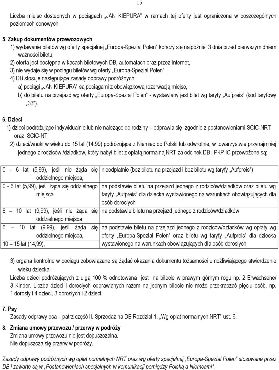 biletowych DB, automatach oraz przez Internet, 3) nie wydaje się w pociągu biletów wg oferty Europa-Spezial Polen", 4) DB stosuje następujące zasady odprawy podróżnych: a) pociągi JAN KIEPURA są