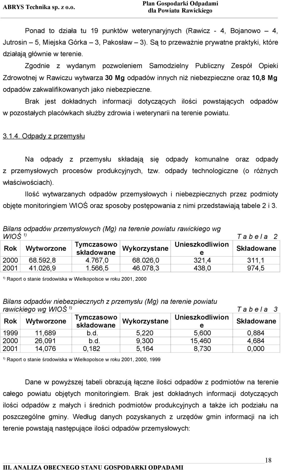 Brak jest dokładnych informacji dotyczących ilości powstających odpadów w pozostałych placówkach służby zdrowia i weterynarii na terenie powiatu. 3.1.4.