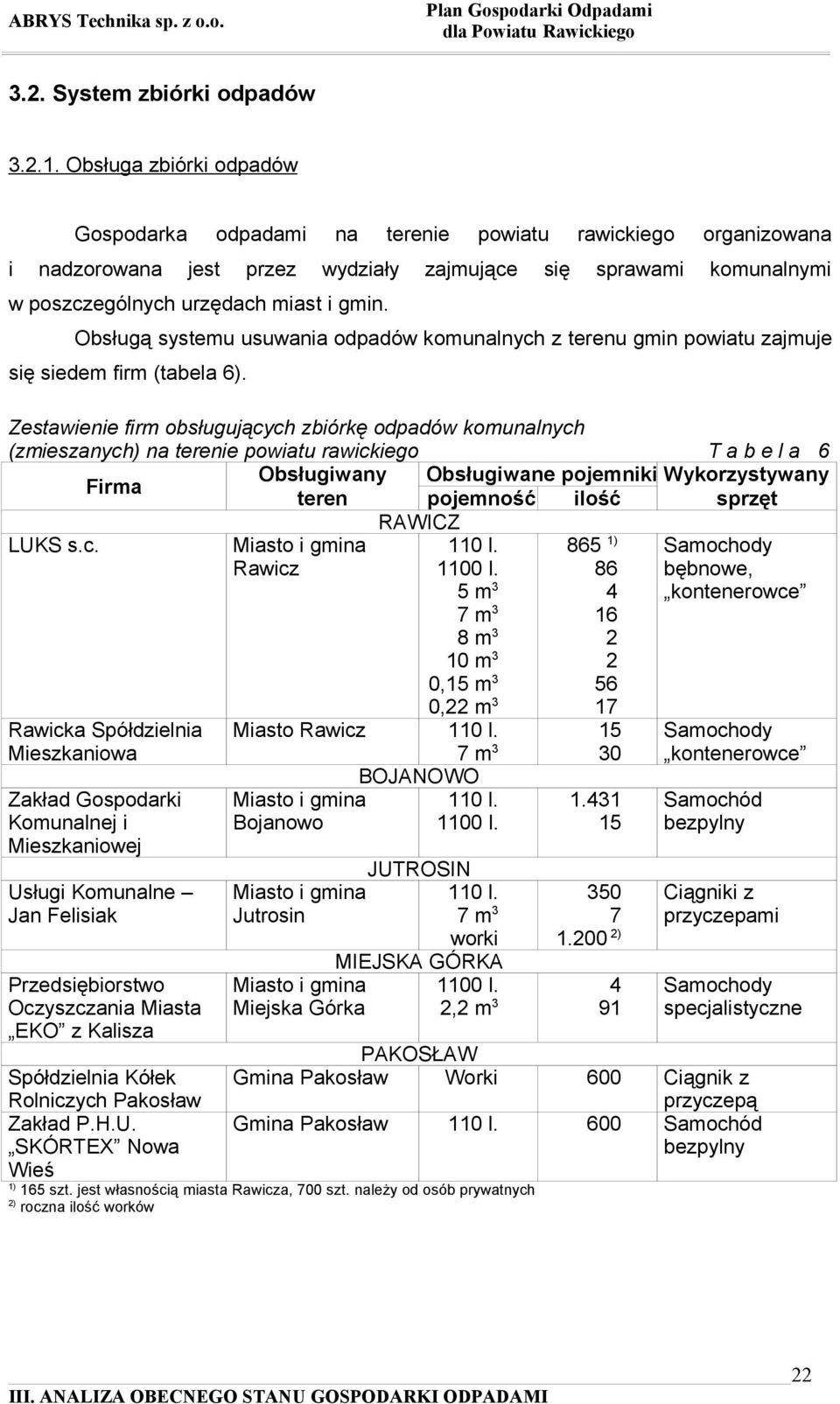 Obsługą systemu usuwania odpadów komunalnych z terenu gmin powiatu zajmuje się siedem firm (tabela 6).