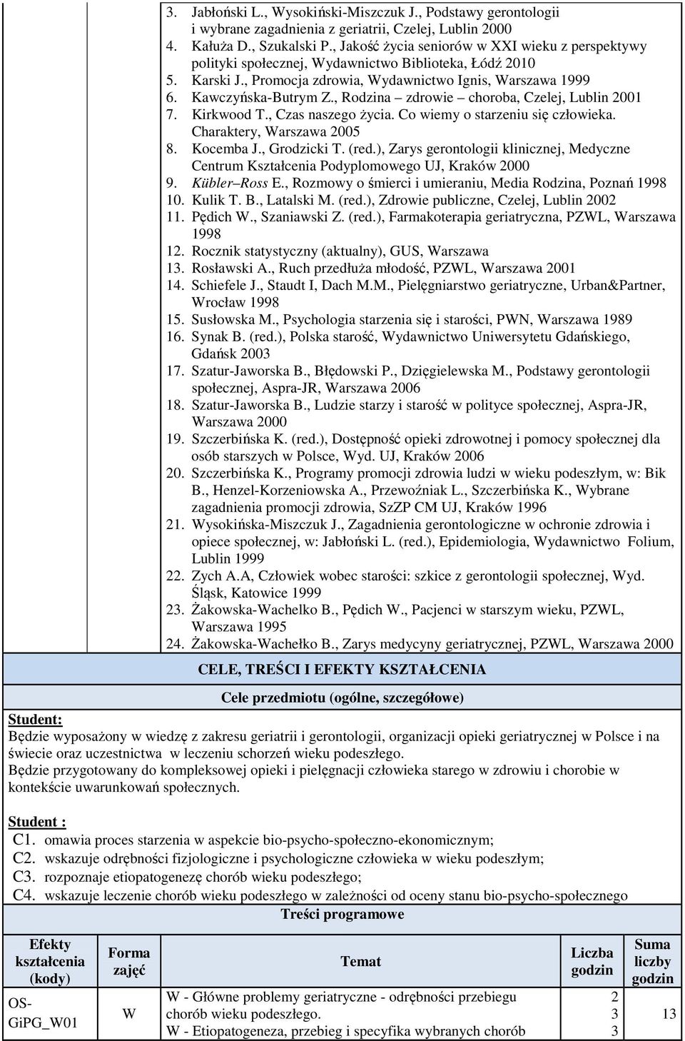 , Rodzina zdrowie choroba, Czelej, Lublin 2001 7. Kirkwood T., Czas naszego życia. Co wiemy o starzeniu się człowieka. Charaktery, arszawa 2005 8. Kocemba J., Grodzicki T. (red.