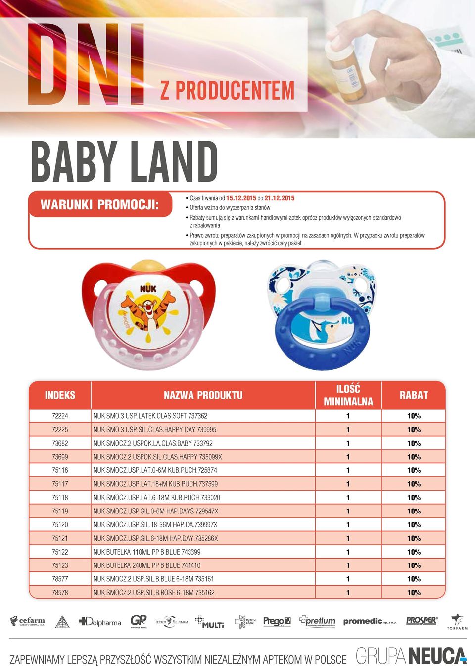 USP.SIL.0-6M HAP.DAYS 729547X 1 10% 75120 NUK SMOCZ.USP.SIL.18-36M HAP.DA.739997X 1 10% 75121 NUK SMOCZ.USP.SIL.6-18M HAP.DAY.735286X 1 10% 75122 NUK BUTELKA 110ML PP B.