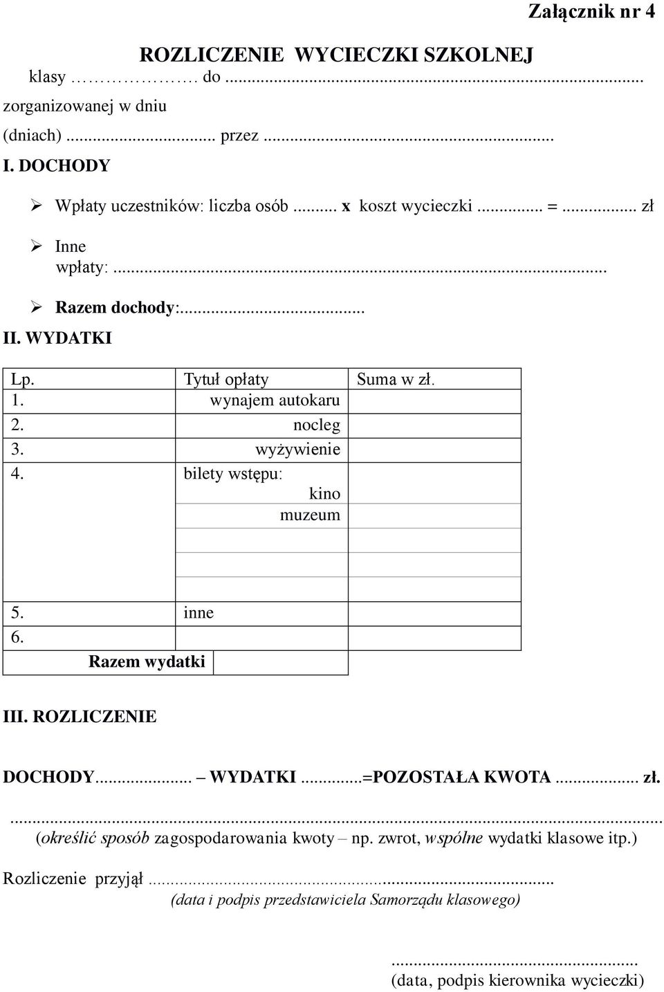 bilety wstępu: kino muzeum 5. inne 6. Razem wydatki III. ROZLICZENIE DOCHODY... WYDATKI...=POZOSTAŁA KWOTA... zł.