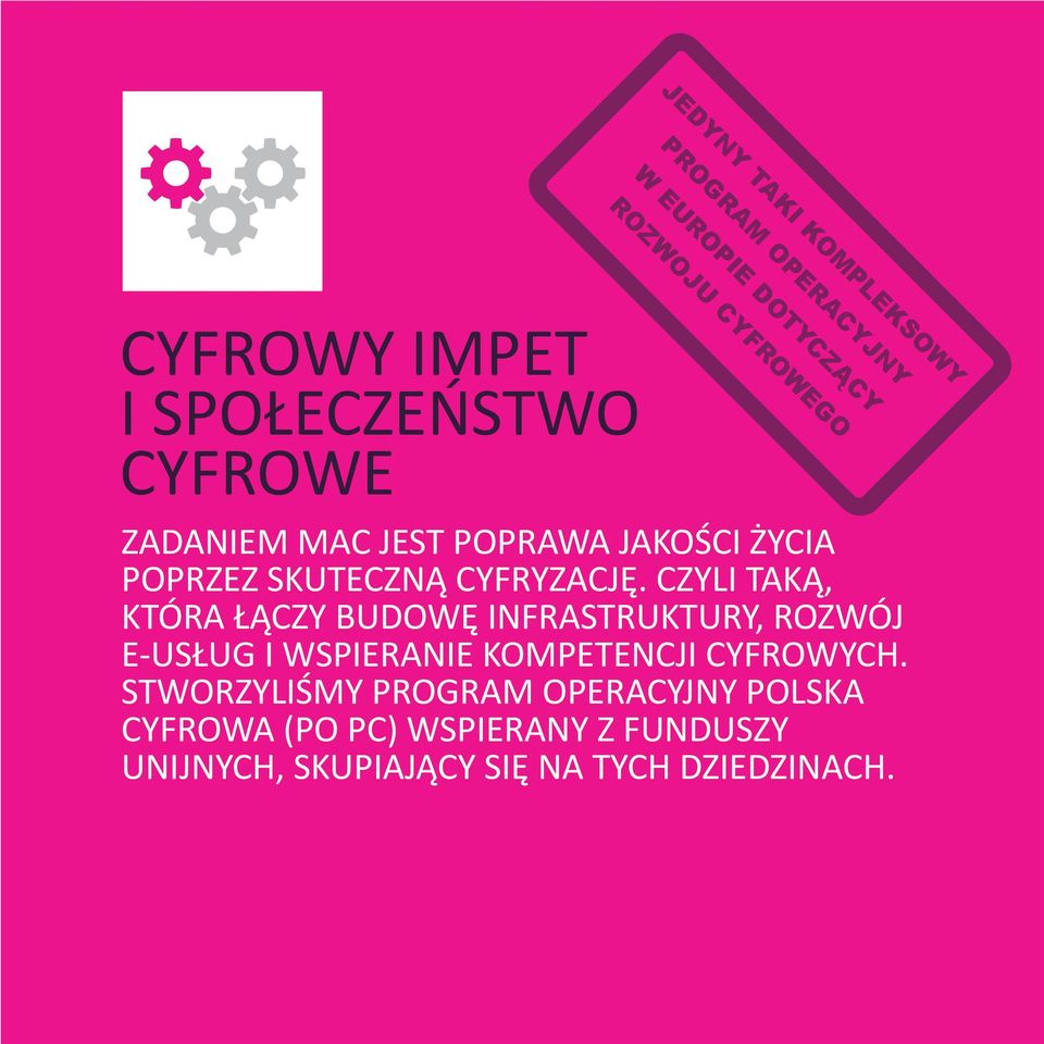 CYFRYZACJĘ. CZYLI TAKĄ, KTÓRA ŁĄCZY BUDOWĘ INFRASTRUKTURY, ROZWÓJ E-USŁUG I WSPIERANIE KOMPETENCJI CYFROWYCH.