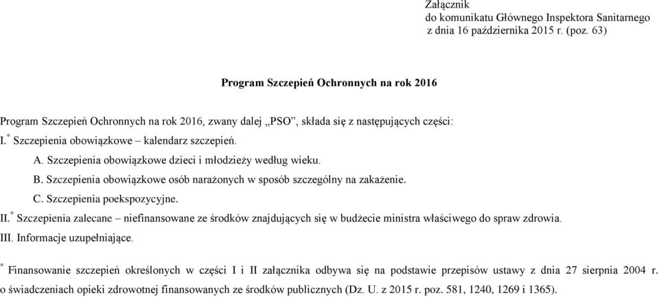 Szczepienia obowiązkowe dzieci i młodzieży według wieku. B. Szczepienia obowiązkowe osób narażonych w sposób szczególny na zakażenie. C. Szczepienia poekspozycyjne. II.