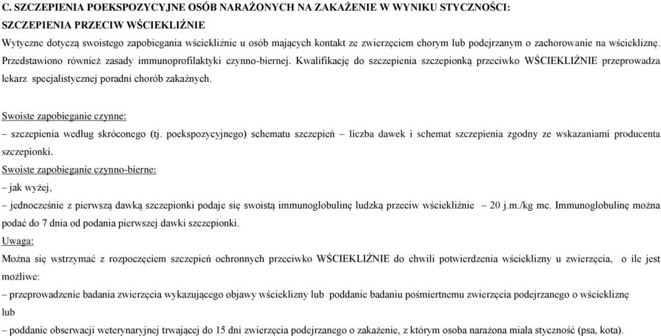 Kwalifikację do szczepienia szczepionką przeciwko WŚCIEKLIŹNIE przeprowadza lekarz specjalistycznej poradni chorób zakaźnych. Swoiste zapobieganie czynne: szczepienia według skróconego (tj.