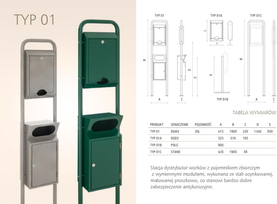 420 1900 38 Stacja dystrybutor worków z pojemnikiem zbiorczym z wymiennymi modułami, wykonana