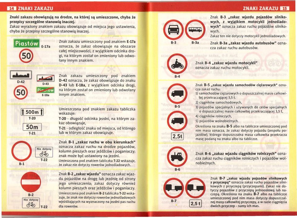 Ił 500m łl T-20 B-l SOm T-2l B-2 Lł4J 0-43 E-lBa Znak zakazu umieszczony pod znakiem E-17a oznacza, że zakaz obowiązuje na obszarze całej miejscowości, z wyjątkiem odcinka drogi, na którym został on