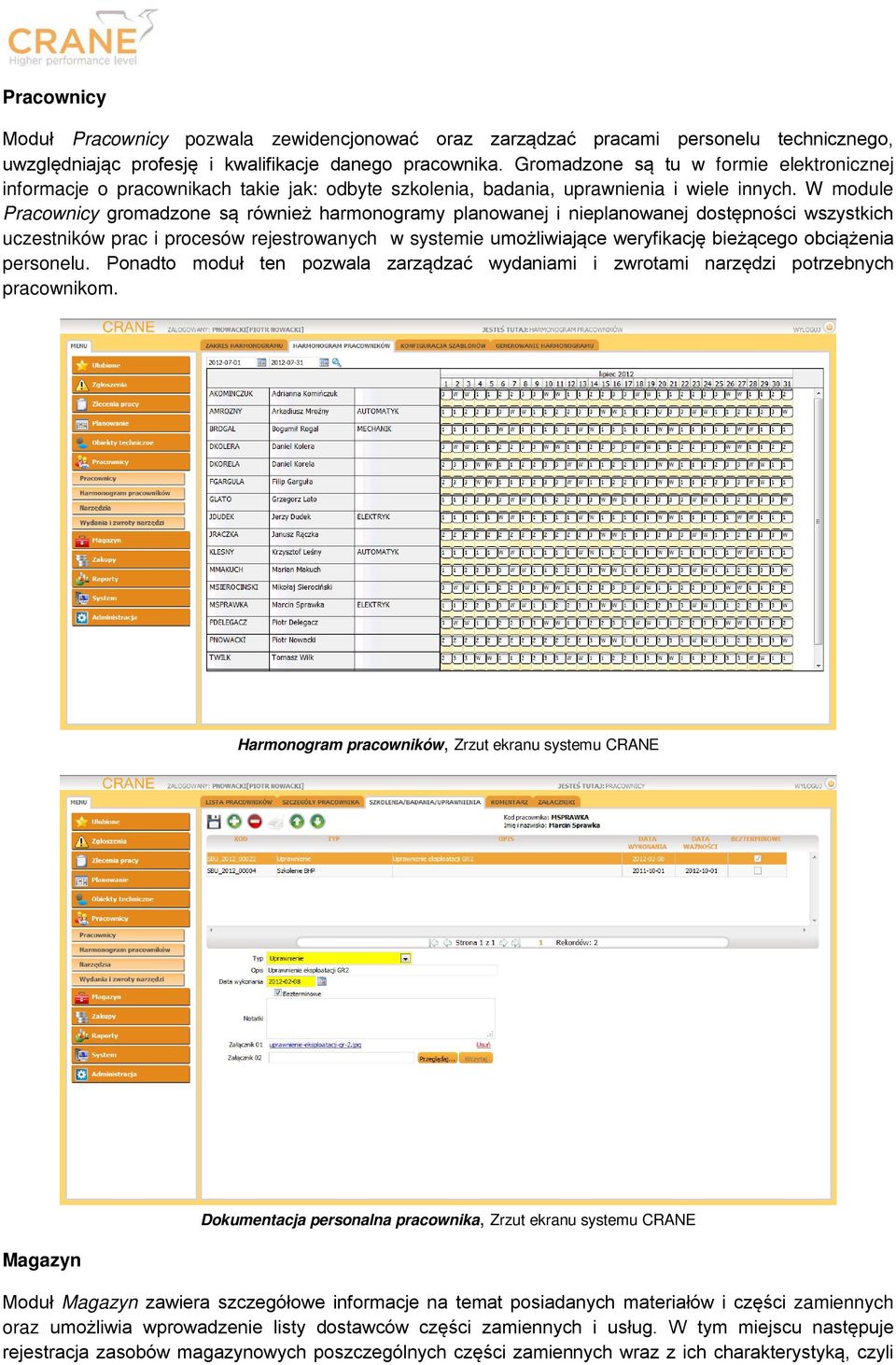 W module Pracownicy gromadzone są również harmonogramy planowanej i nieplanowanej dostępności wszystkich uczestników prac i procesów rejestrowanych w systemie umożliwiające weryfikację bieżącego