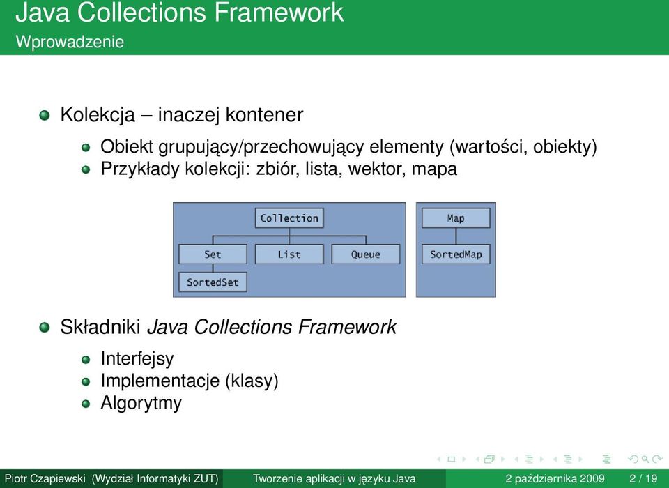 Collections Framework Interfejsy Implementacje (klasy) Algorytmy Piotr