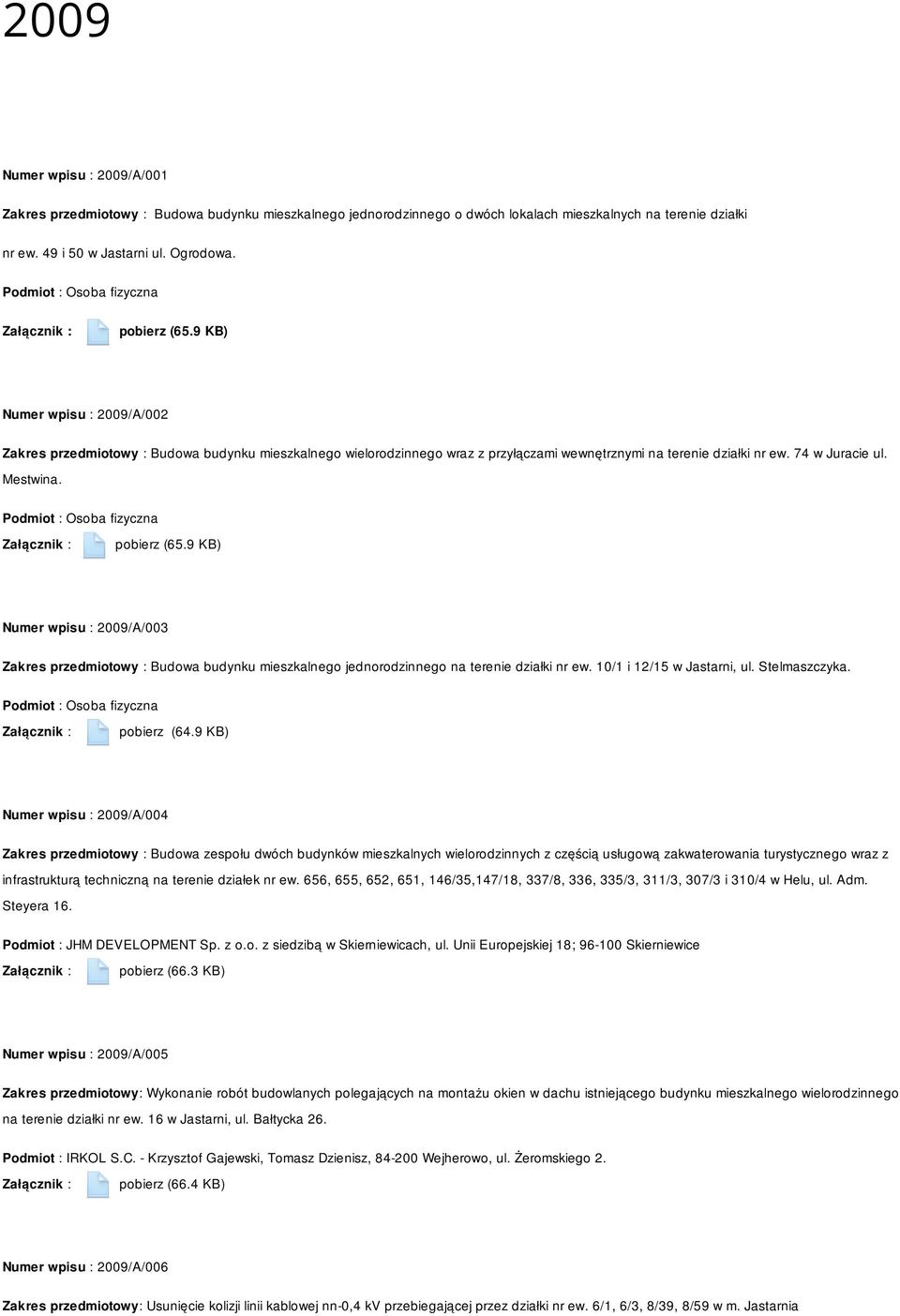 9 KB) Numer wpisu : 2009/A/003 Zakres przedmiotowy : Budowa budynku mieszkalnego jednorodzinnego na terenie działki nr ew. 10/1 i 12/15 w Jastarni, ul. Stelmaszczyka.