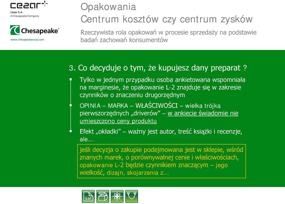 Tylko w jednym przypadku osoba ankietowana wspomniała na marginesie, że opakowanie L-2 znajduje się w zakresie czynników o znaczeniu drugorzędnym OPINIA MARKA WŁAŚCIWOŚCI