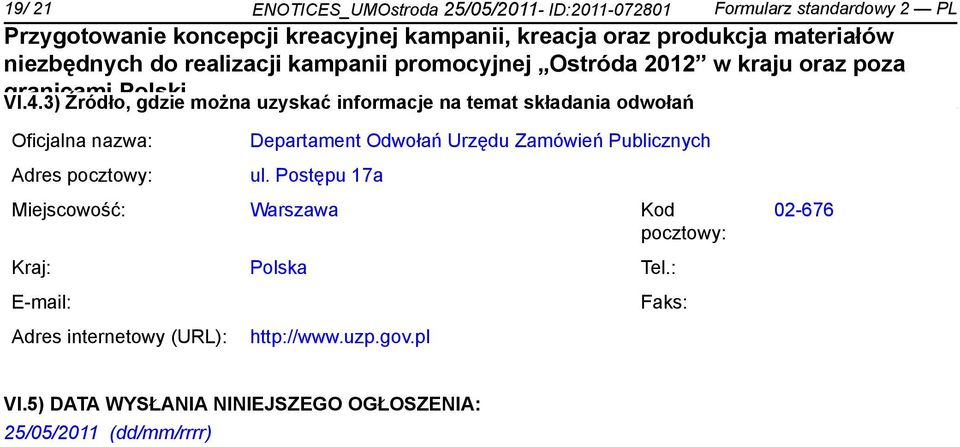 Departament Odwołań Urzędu Zamówień Publicznych ul.