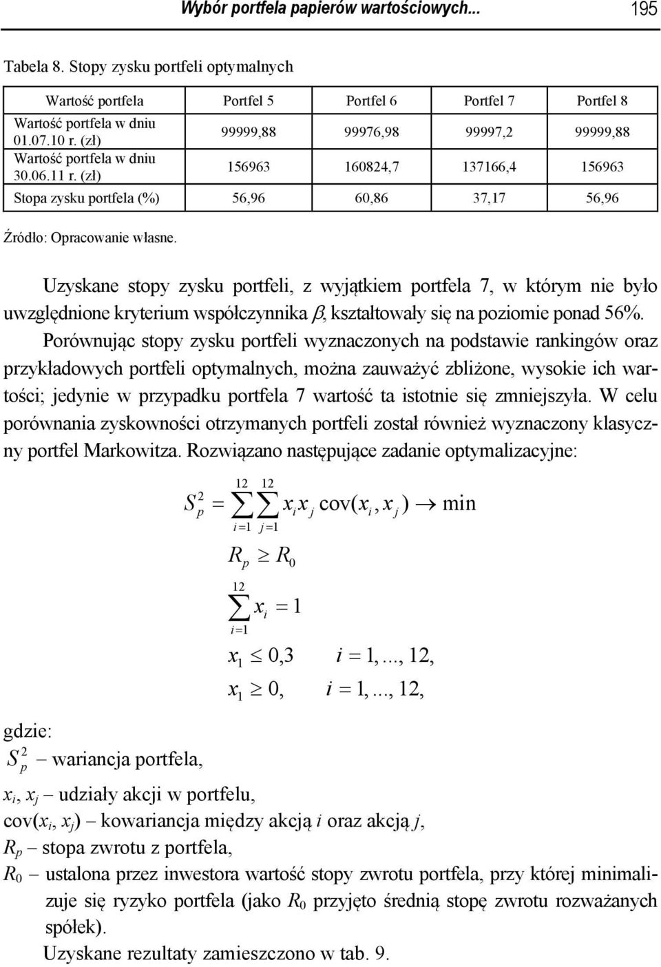 Uzyskane stopy zysku portfel, z wyjątkem portfela 7, w którym ne yło uwzględnone kryterum współczynnka β, kształtowały sę na pozome ponad 56%.