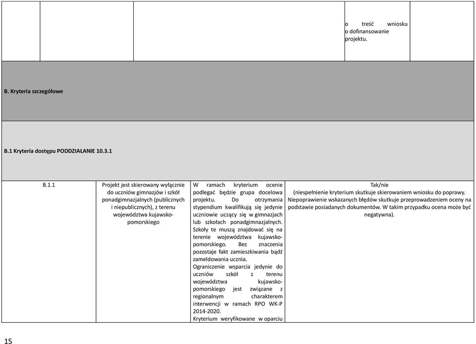 .3.1 B.1.1 Projekt jest skierowany wyłącznie do uczniów gimnazjów i szkół ponadgimnazjalnych (publicznych i niepublicznych), z terenu województwa kujawskopomorskiego W ramach kryterium