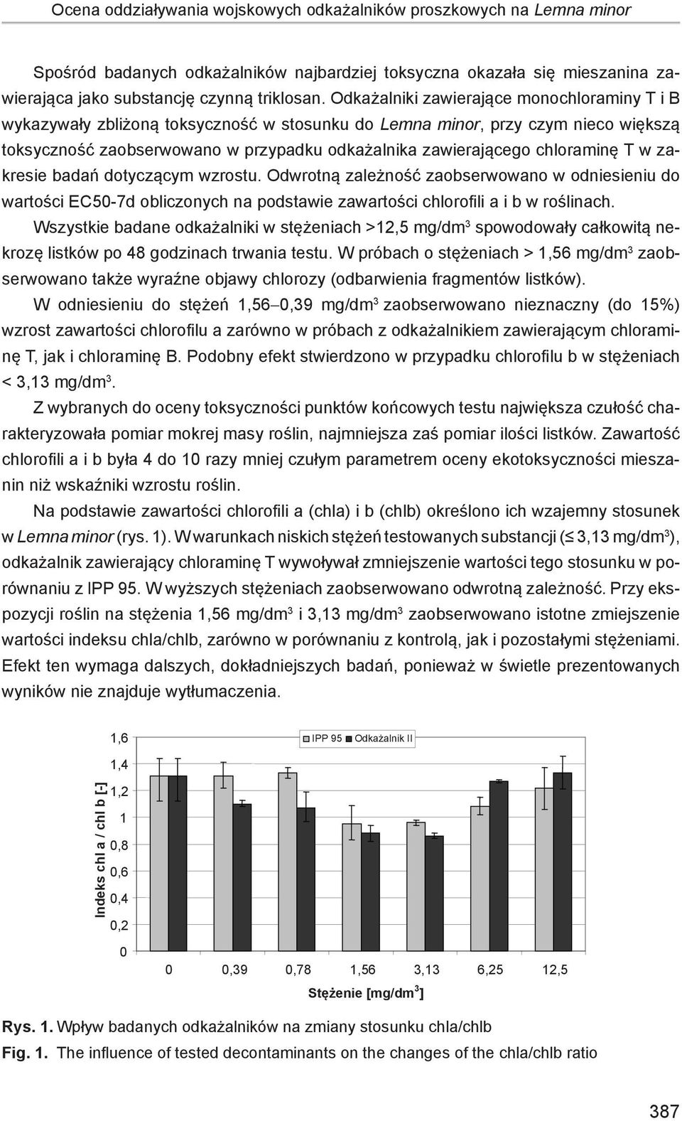 chloraminę T w zakresie badań dotyczącym wzrostu. Odwrotną zależność zaobserwowano w odniesieniu do wartości EC50-7d obliczonych na podstawie zawartości chlorofili a i b w roślinach.