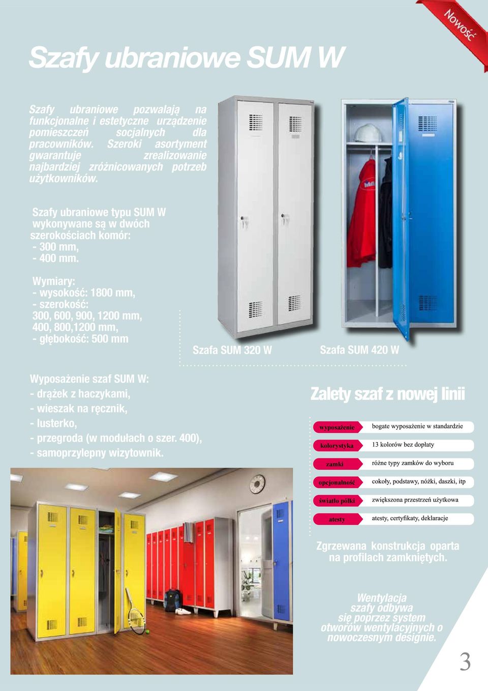 Wymiary: - wysokość: 1800 mm, - szerokość: 300, 600, 900, 1200 mm, 400, 800,1200 mm, - głębokość: 500 mm Szafa SUM 320 W Szafa SUM 420 W Wyposażenie szaf SUM W: - drążek z haczykami, - wieszak na