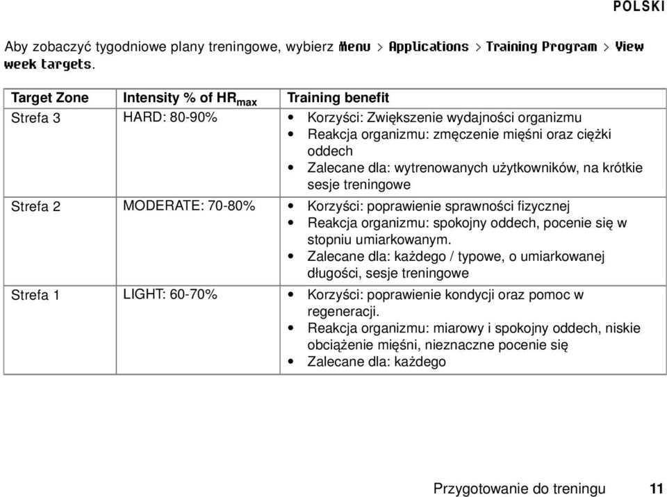 wytrenowanych użytkowników, na krótkie sesje treningowe Strefa 2 MODERATE: 70-80% Korzyści: poprawienie sprawności fizycznej Reakcja organizmu: spokojny oddech, pocenie się w stopniu umiarkowanym.