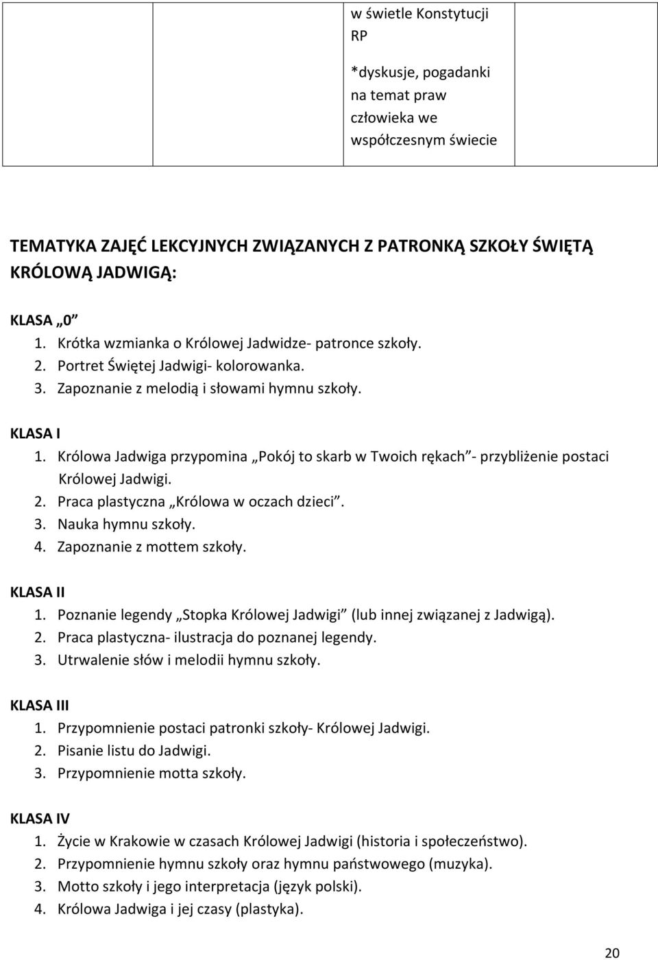 Królowa Jadwiga przypomina Pokój to skarb w Twoich rękach - przybliżenie postaci Królowej Jadwigi. 2. Praca plastyczna Królowa w oczach dzieci. 3. Nauka hymnu szkoły. 4. Zapoznanie z mottem szkoły.