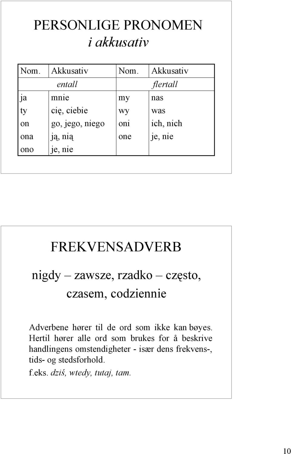 FREKVENSADVERB nigdy zawsze, rzadko często, czasem, codziennie Adverbene hører til de ord som ikke kan