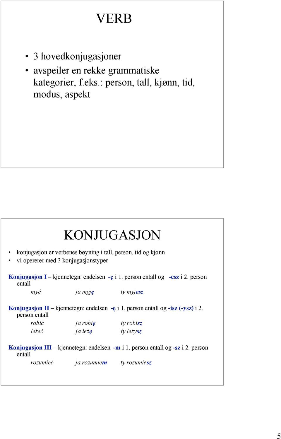 med 3 konjugasjonsper Konjugasjon I kjennetegn: endelsen -ę i 1. person og -esz i 2.