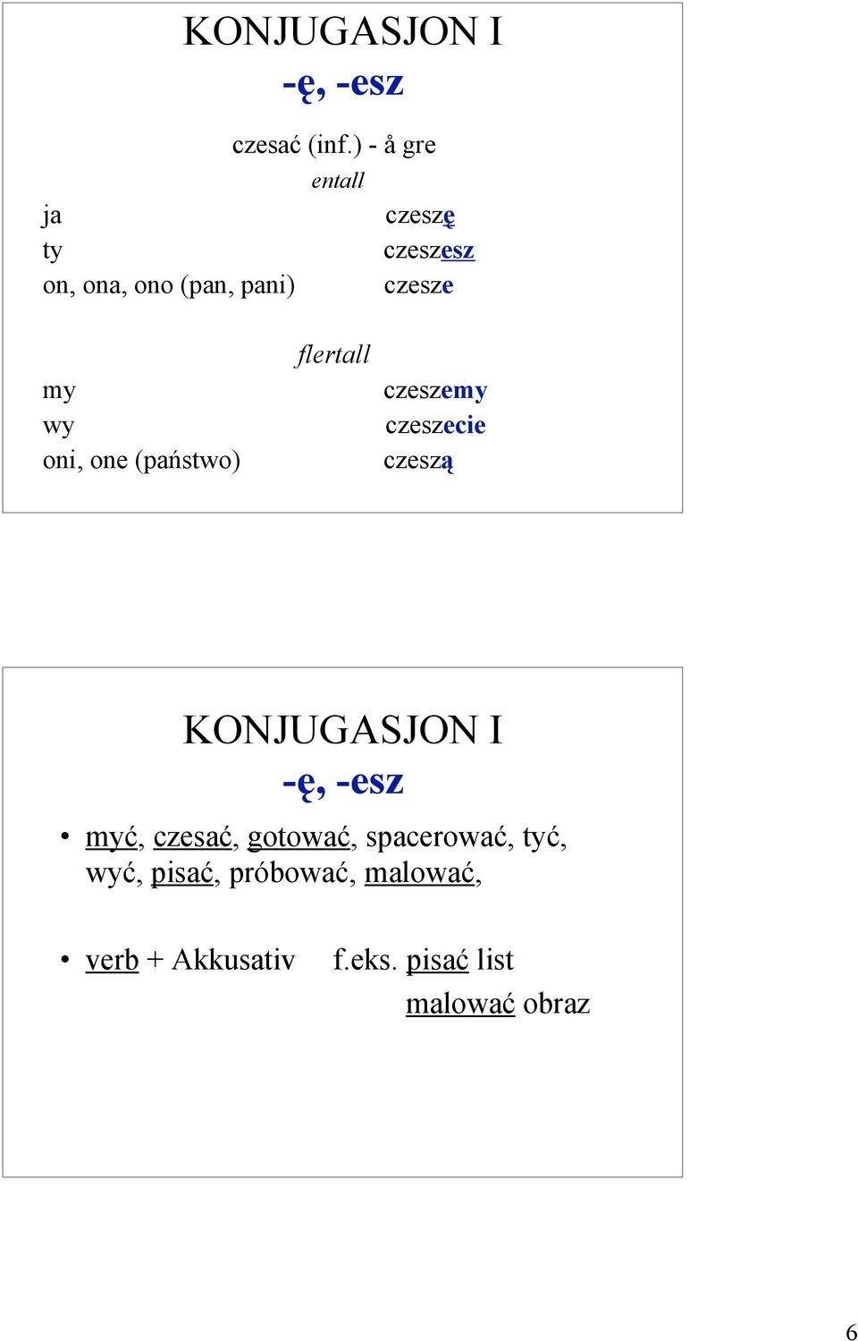 (państwo) czesze czeszecie czeszą KONJUGASJON I -ę, -esz ć, czesać,