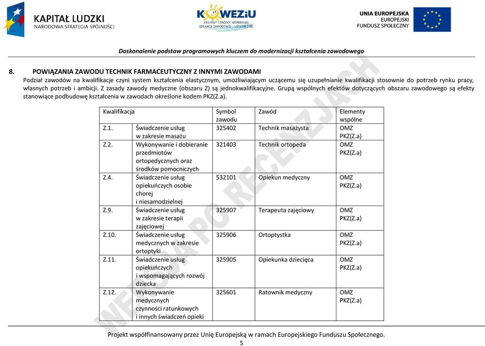 Grupą wspólnych efektów dotyczących obszaru zawodowego są efekty stanowiące podbudowę kształcenia w zawodach określone kodem KZ(Z.a). Kwalifikacja Z.1. Z.2. Z.4. Z.9. Z.10. Z.11. Z.12.