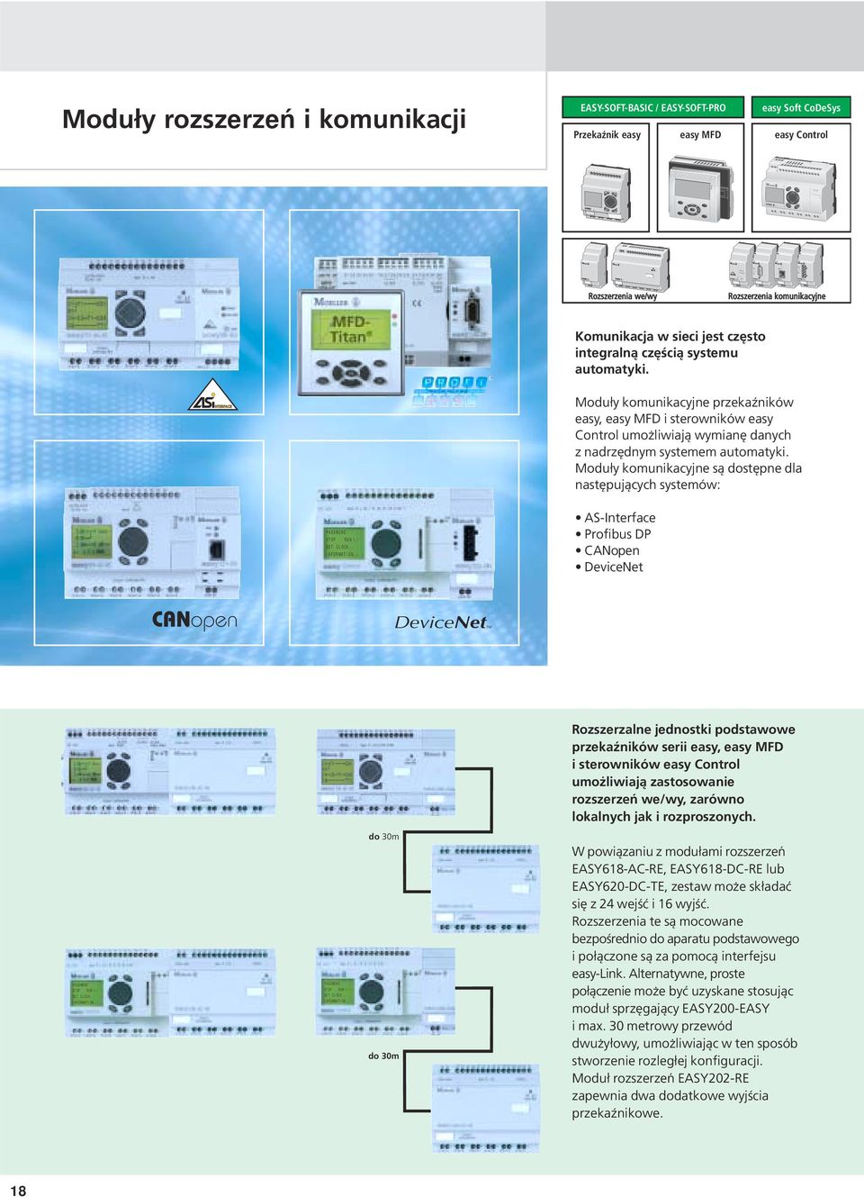 Moduły komunikacyjne przekaźników easy, easy MFD i sterowników easy Control umożliwiają wymianę danych z nadrzędnym systemem automatyki.