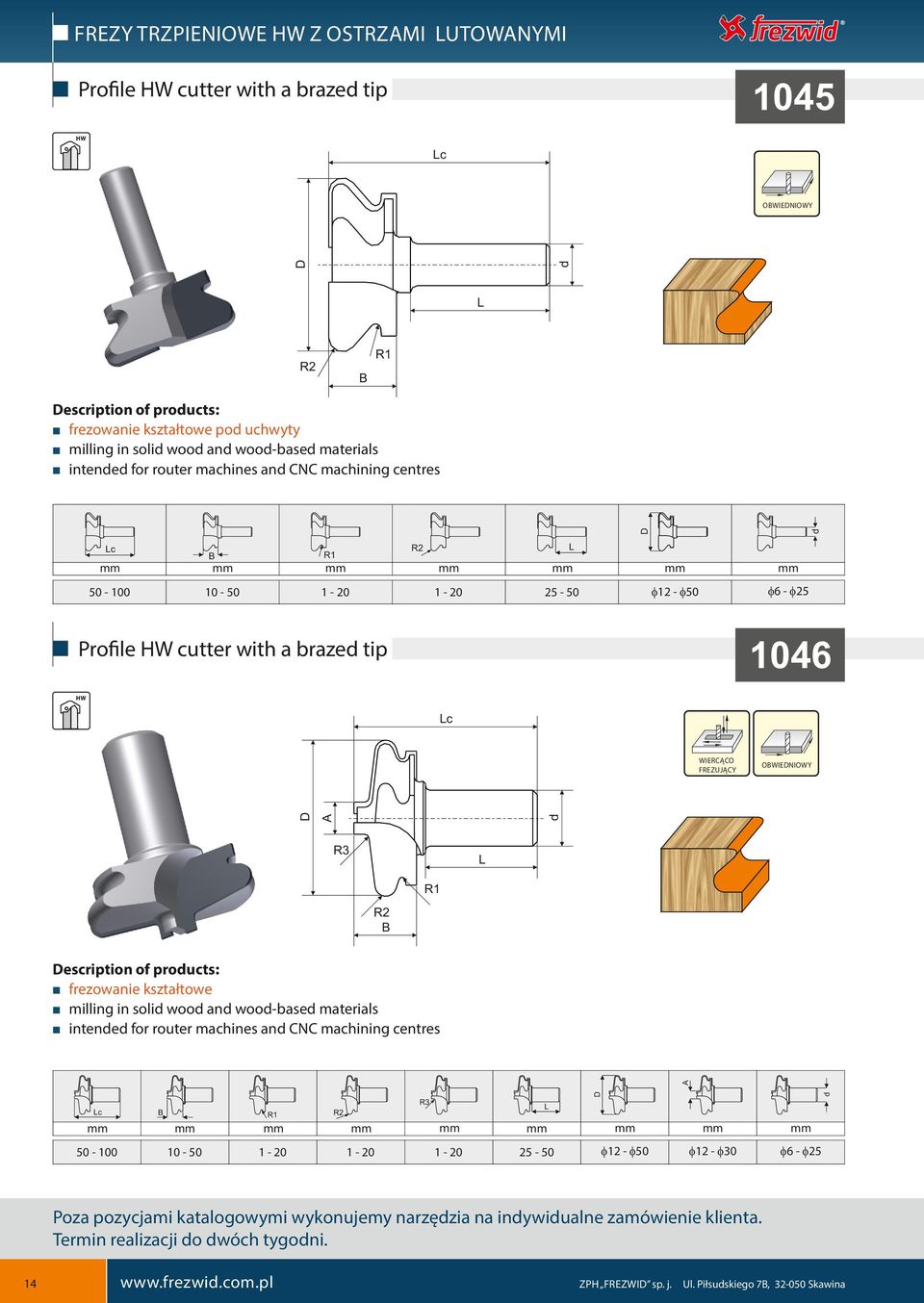 1 escription of proucts: frezowanie kształtowe milling in soli woo an wooase materials intene for router machines an CNC machining centres 2 50 100 10 50 1 20 1 20 1 20 25 50 f12 f50 f12