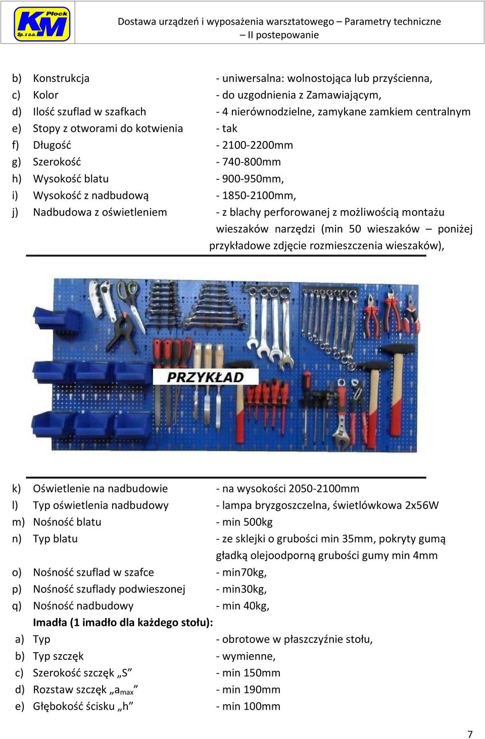 możliwością montażu wieszaków narzędzi (min 50 wieszaków poniżej przykładowe zdjęcie rozmieszczenia wieszaków), k) Oświetlenie na nadbudowie - na wysokości 2050-2100mm l) Typ oświetlenia nadbudowy -
