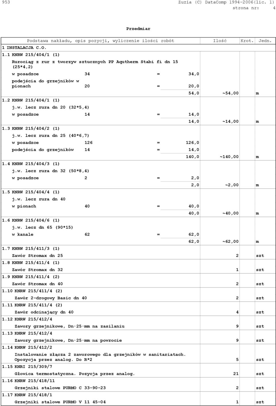 4 KNRW 215/404/3 (1) j.w. lecz rura dn 32 (50*8,4) w posadzce 2 = 2,0 1.5 KNRW 215/404/4 (1) j.w. lecz rura dn 40 w pionach 40 = 40,0 1.6 KNRW 215/404/6 (1) j.w. lecz dn 65 (90*15) w kanale 62 = 62,0 1.