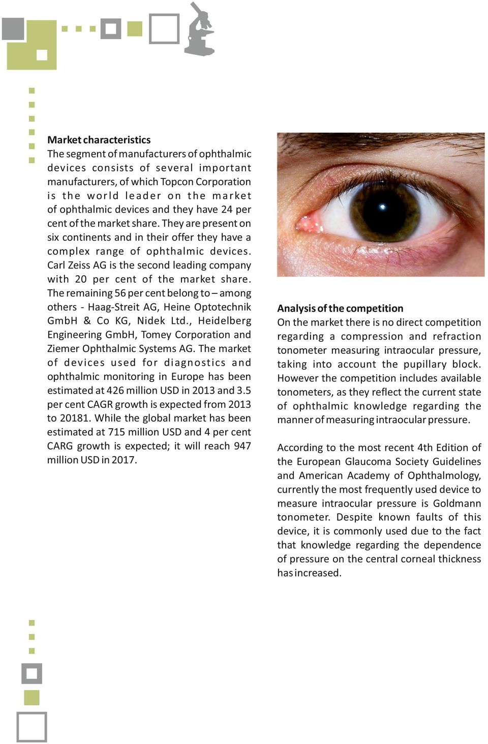 Carl Zeiss AG is the second leading company with 20 per cent of the market share. The remaining 56 per cent belong to among others - Haag-Streit AG, Heine Optotechnik GmbH & Co KG, Nidek Ltd.