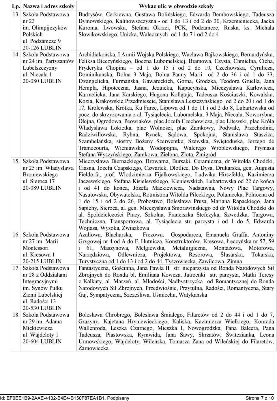 Szkoła Podstawowa nr 28 z Oddziałami Integracyjnymi im. Synów Pułku Ziemi Lubelskiej ul. Radości 13 20-530 LUBLIN 18. Szkoła Podstawowa nr 29 im. Adama Mickiewicza ul.